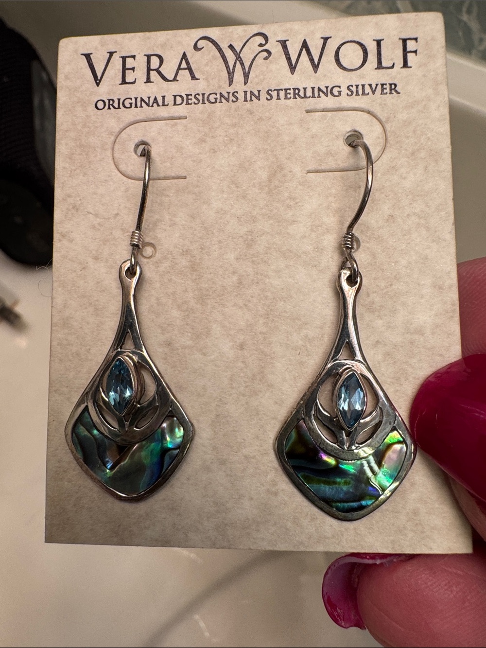 Sterling Silver Abalone Drop Earrings with Blue Accent